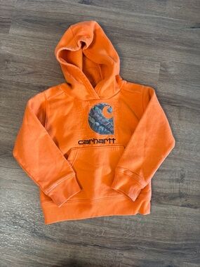 VINTAGE Carhartt Kids Orange Hoodie with Camo Logo